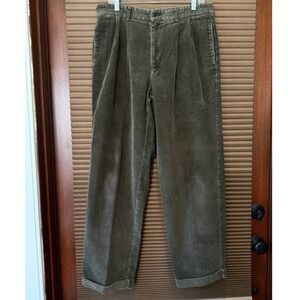 Brooks Brothers Pants Mens Fits 35x30 Pleated Corduroy Olive Green Cuffed EUC